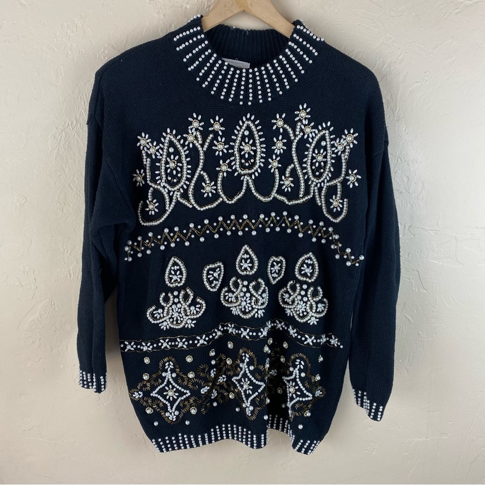 Vintage 80s oversized Margules Black pearl bead embellished tunic sweater large